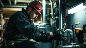 a skilled technician in full work gear inspects a plumbing pipe in a dimly lit utility room, illuminated by a bright overhead light, highlighting the urgency of emergency repair services with tools and equipment meticulously organized around them.