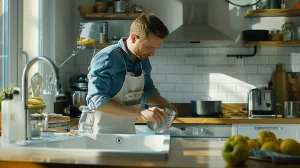 a professional plumber in a sleek, modern kitchen is expertly installing a new garbage disposal unit, surrounded by high-end appliances and neatly organized tools, highlighting the importance of reliable plumbing services for homeowners.