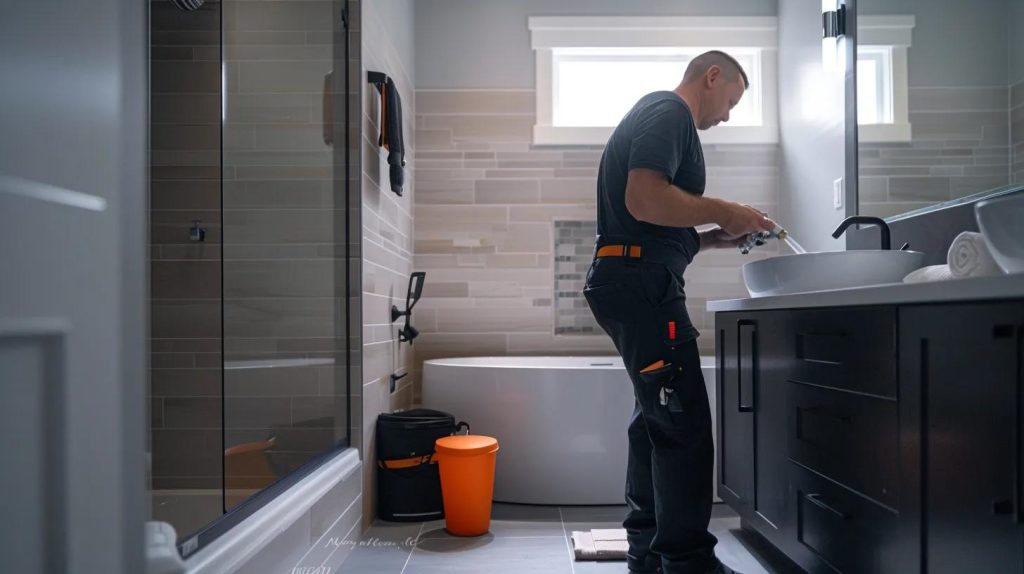 a skilled fullerton plumber efficiently operates advanced hydro jet equipment in a modern bathroom, highlighting their expertise in resolving stubborn drain clogs amidst sleek tiles and contemporary plumbing fixtures.
