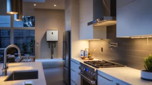 a sleek, modern kitchen showcases a professional installation of a tankless water heater, highlighting its compact design and efficient plumbing setup against a backdrop of polished countertops and contemporary cabinetry.