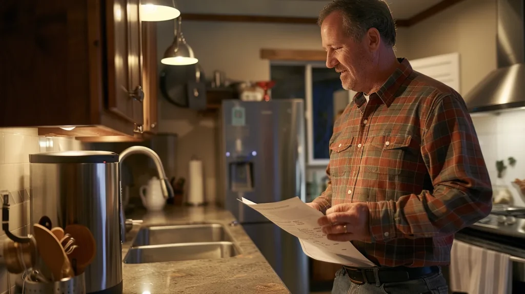 a well-lit, modern kitchen features a visibly old water heater with signs of wear, such as rust and condensation, while a concerned homeowner examines a service report on the countertop, illustrating the urgency of recognizing signs for replacement in fullerton.