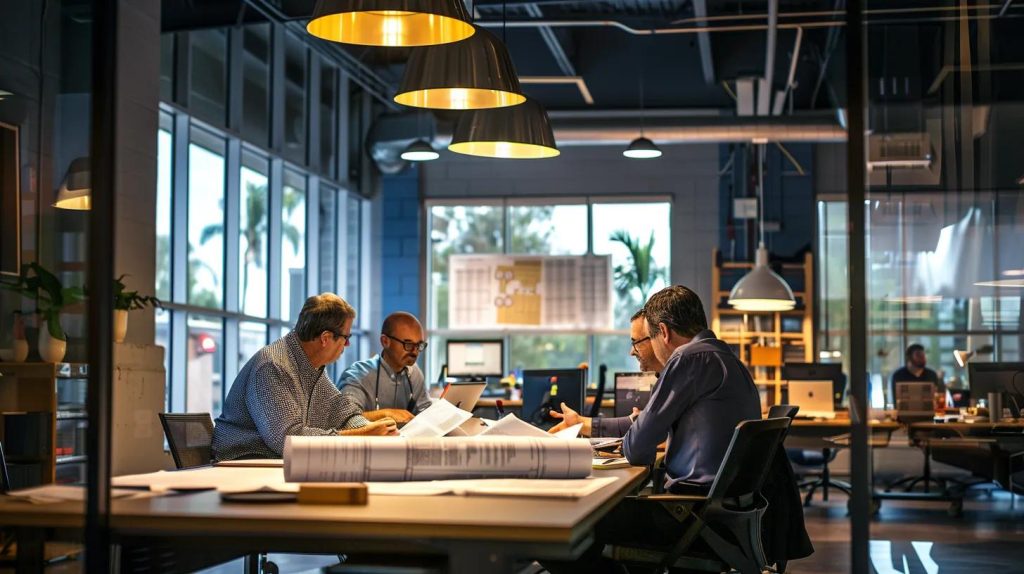 a bustling orange county plumbing office features a team of professionals engaged in a lively discussion over blueprints and plumbing tools, illuminated by bright overhead lights that highlight their focused expressions and the detailed plans laid out before them.