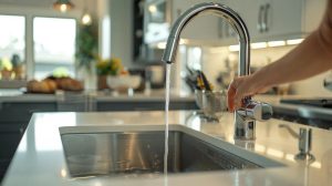 a close-up shot of a concerned homeowner inspecting a slow-draining sink in a sleek, modern kitchen, with a subtle hint of plumbing tools on the counter indicating the need for professional drain cleaning.