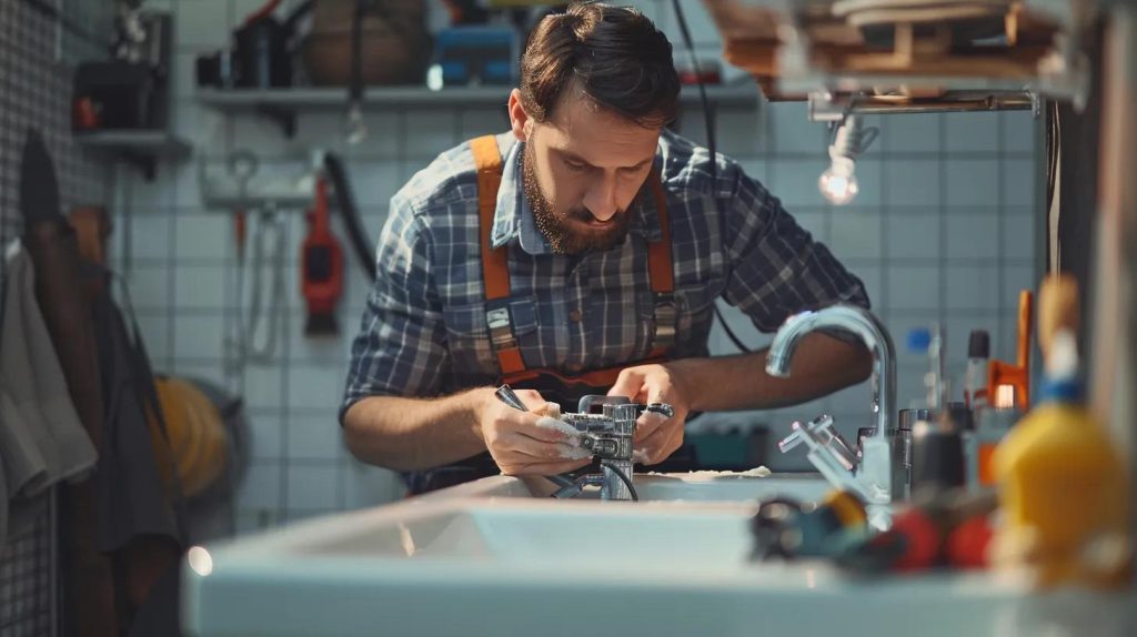 a close-up view of a professional plumber analyzing a drain system in a modern, well-lit urban bathroom, surrounded by tools and equipment that illustrate the complexities of drain cleaning and the factors affecting pricing.