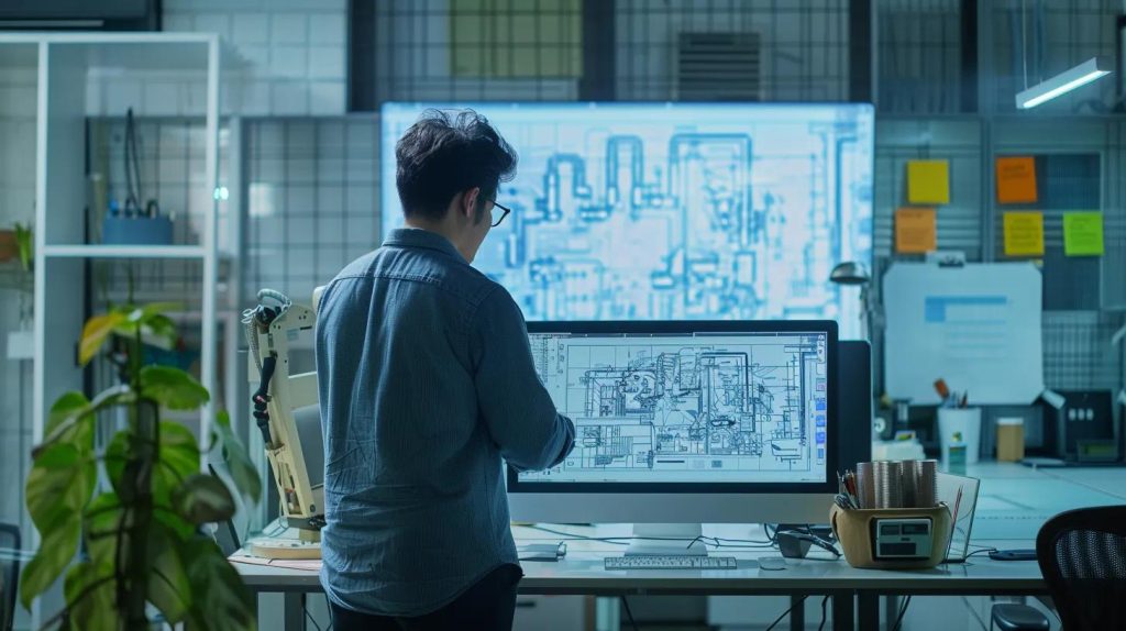 a modern office setting showcases a professional inspecting plumbing schematics on a large digital screen, surrounded by tools and equipment, emphasizing the importance of ongoing maintenance after hydro jetting.