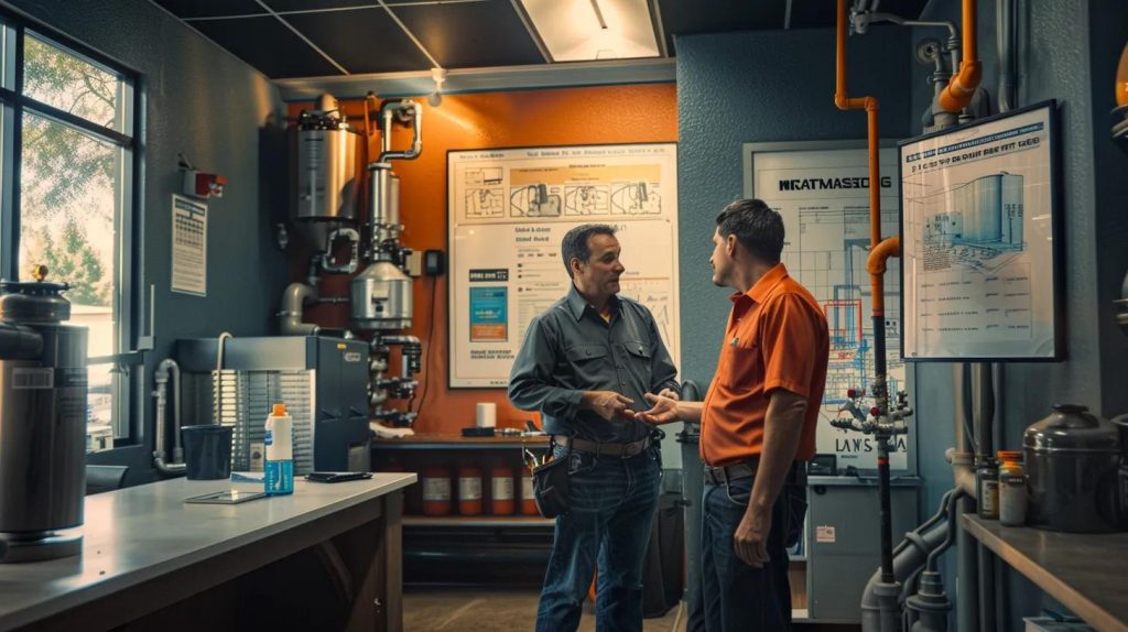 a modern orange county plumbing office, featuring a professional plumber discussing emergency hydro jetting services with a homeowner, surrounded by plumbing equipment and blueprints, bathed in warm, focused lighting.