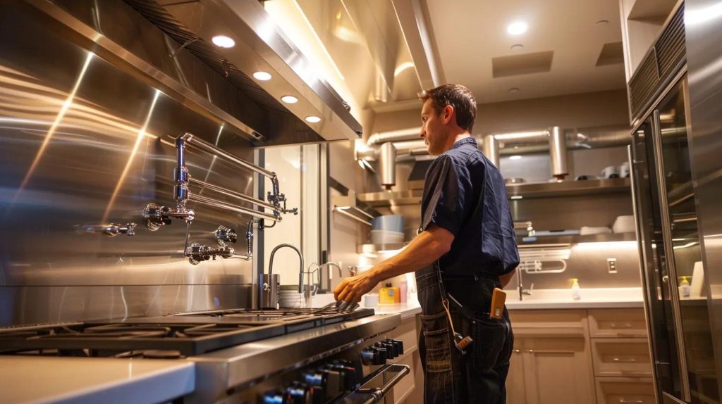 a professional plumber, equipped with advanced tools, surveys a complex network of pipes in a sleek, modern kitchen, illuminated by bright overhead lights that accentuate the urgency of urgent plumbing repairs in orange county.