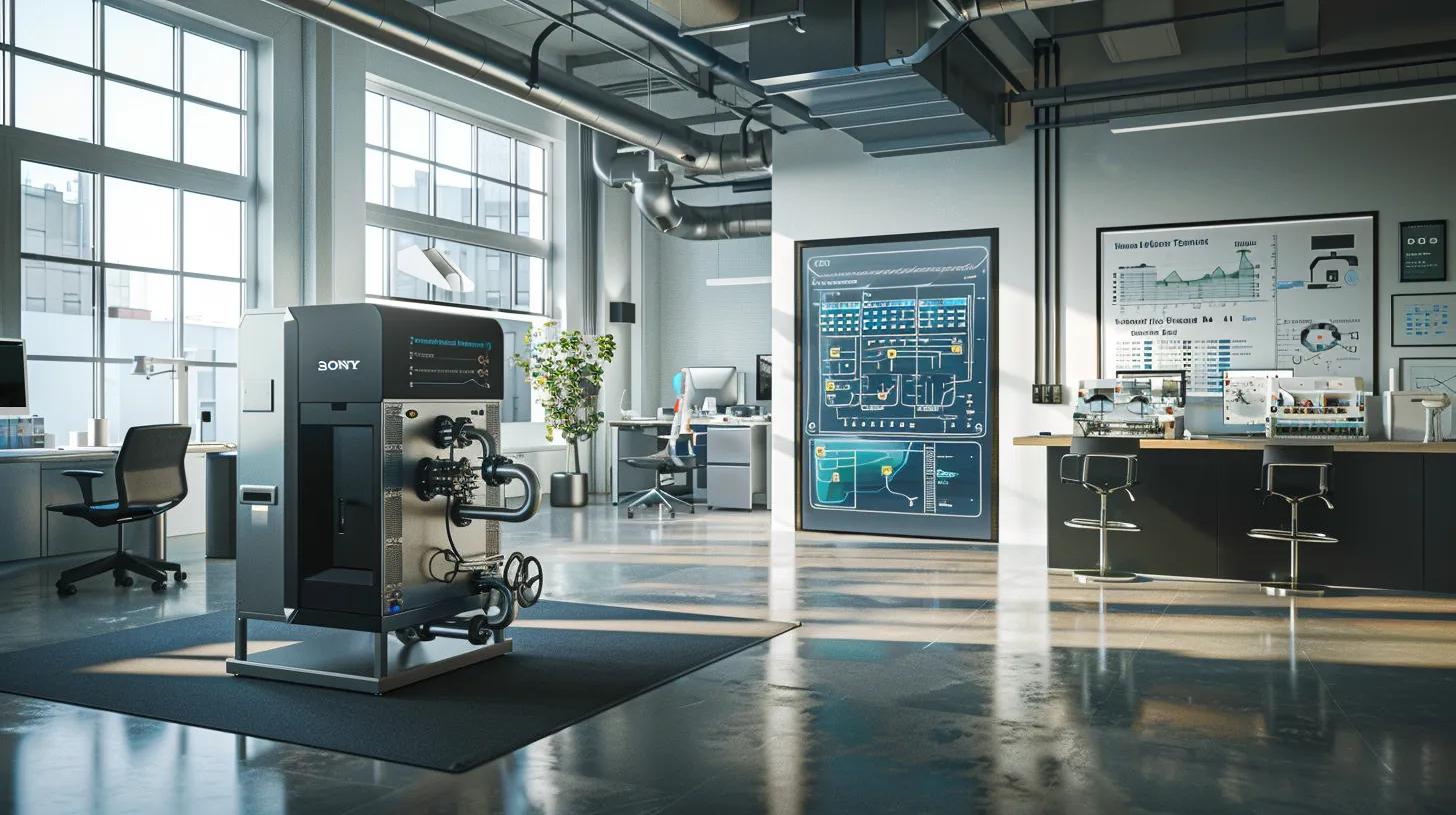 a sleek, modern office interior showcases a high-tech hydro jetting machine in action, surrounded by informative charts and diagrams highlighting the environmental benefits of sustainable plumbing practices. Hydro Jetting Solutions for Serious Clogs in Anaheim