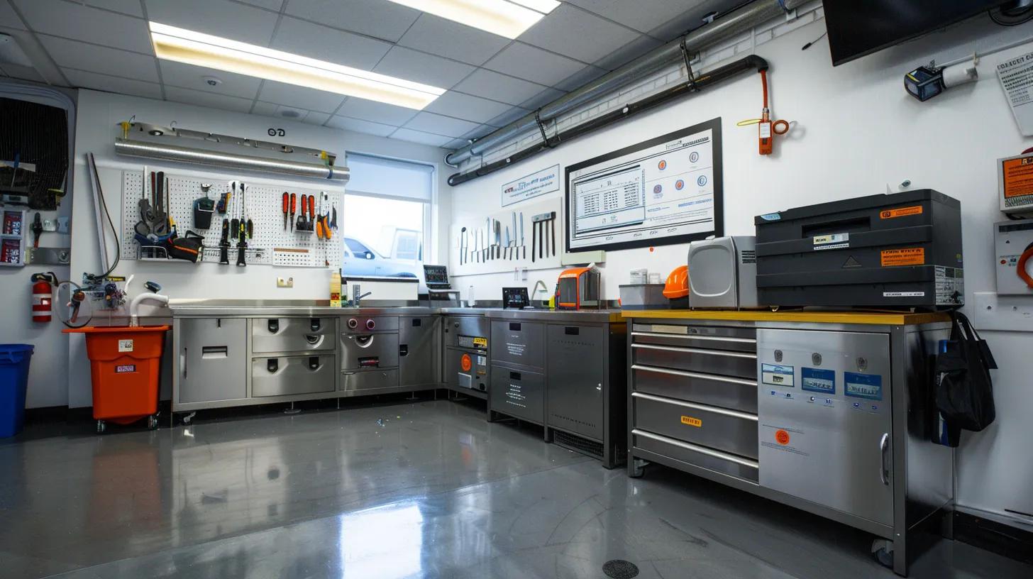 a clean, modern plumbing workshop features a polished metal workbench laden with various tools, while a visually engaging infographic on the wall compares the benefits and costs of traditional drain snaking and hydro jetting, illuminated by bright, focused overhead lighting. Emergency Plumbing and Hydro Jetting: Fast Fixes in Orange County