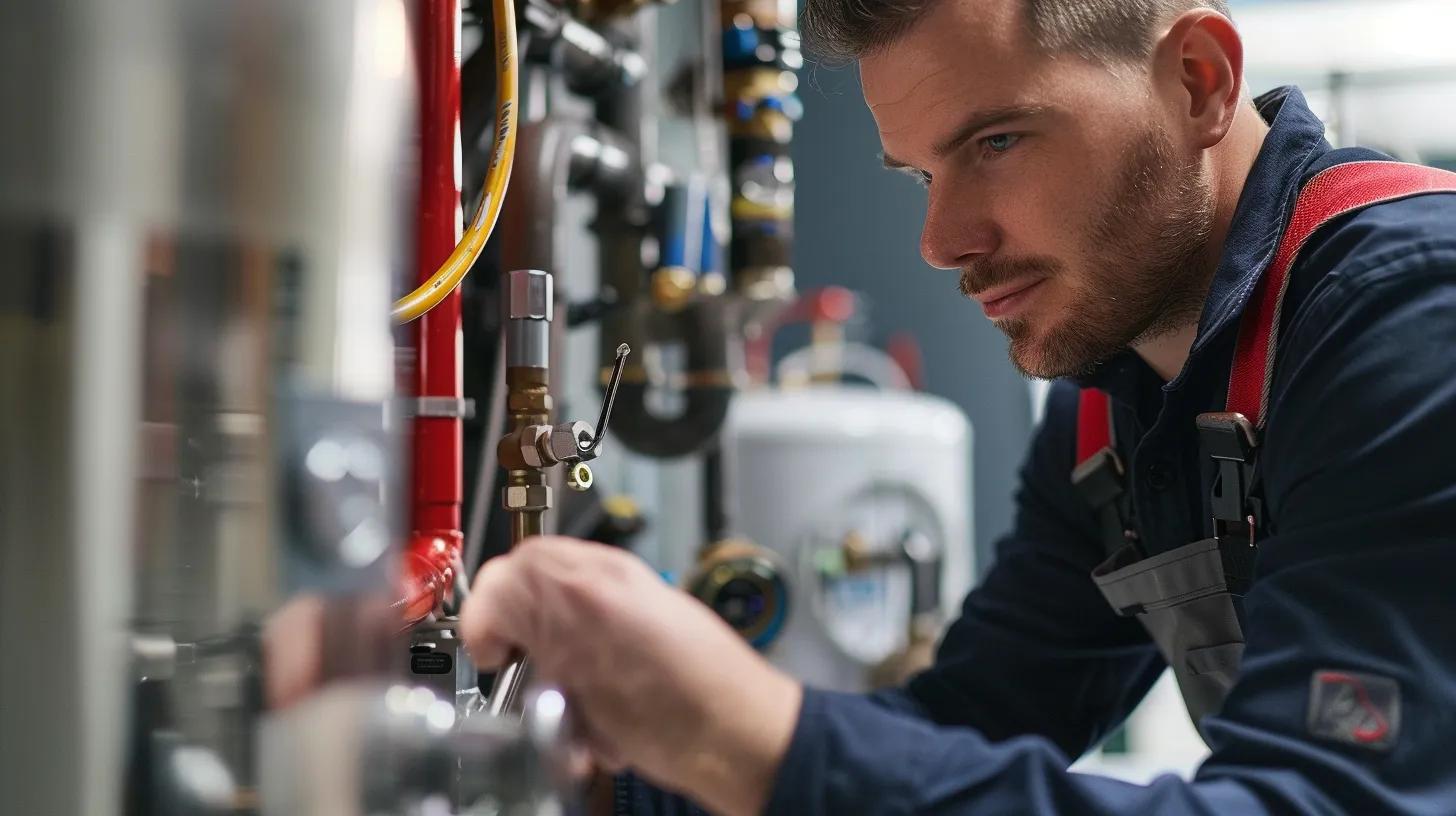 a close-up view of a professional plumber inspecting a modern hot water heater in a sleek, well-organized urban plumbing service office, with tools and repair equipment strategically arranged, highlighting the urgency of efficient repairs during plumbing emergencies. Hydro Jetting Solutions for Serious Clogs in Anaheim