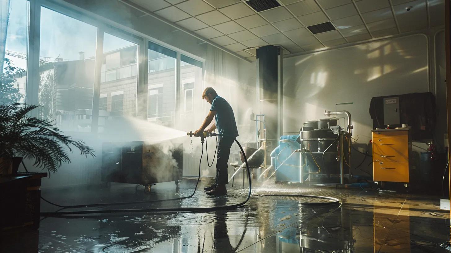 a dynamic office setting features a professional technician expertly operating a hydro jetting machine, with water shooting forcefully through a transparent pipe, illustrating the powerful and efficient cleaning of plumbing systems. Emergency Plumbing and Hydro Jetting: Fast Fixes in Orange County