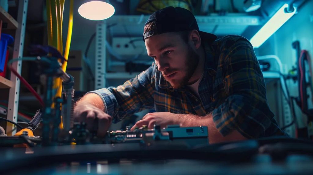 a focused close-up of a professional technician using advanced diagnostic equipment in a dimly lit urban home basement, highlighting the intricate process of sewer line repair with visible pipes and tools in the foreground, emphasizing the theme of modern plumbing solutions in residential settings.