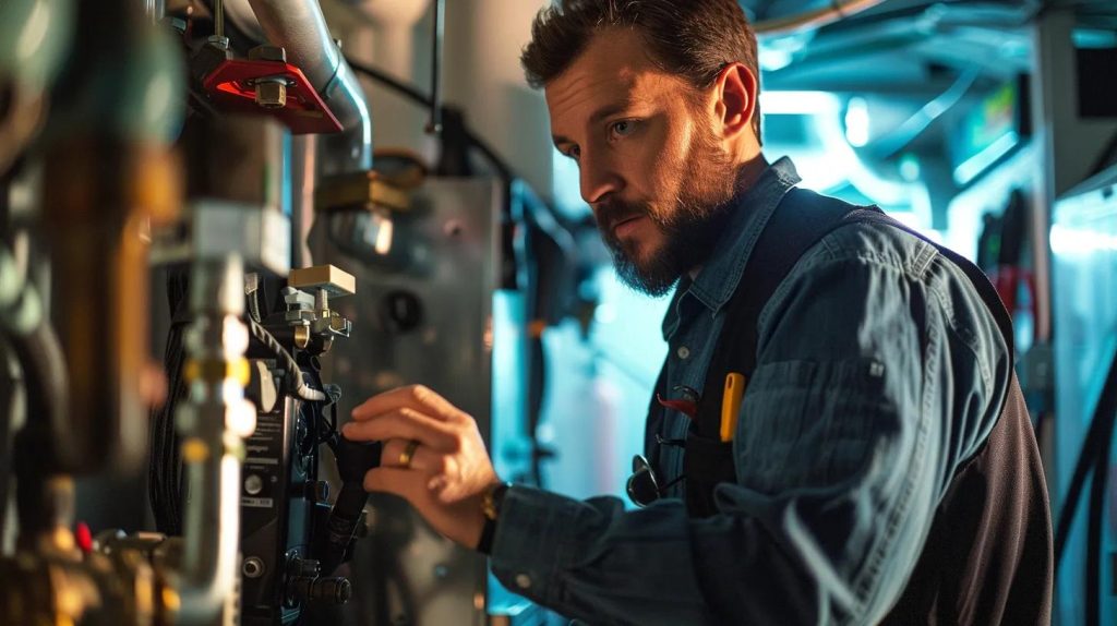 a focused indoor scene of a local plumbing contractor examining a complex plumbing system in a modern orange county home, illuminated by bright overhead lights, showcasing tools and equipment ready for emergency repairs.