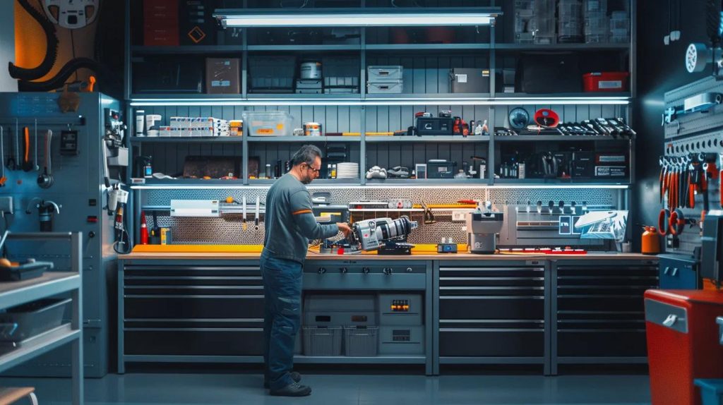 a modern plumbing service workspace showcases polished tools and equipment, with a confident technician analyzing a sleek, high-tech pipeline inspection camera amid a backdrop of neatly organized plumbing supplies.