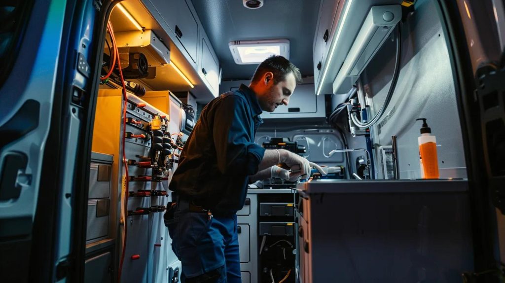 a modern plumbing technician uses advanced hydro jetting equipment in a sleek, well-lit orange county service van, showcasing the integration of innovative technology in efficient leak detection and repair solutions.
