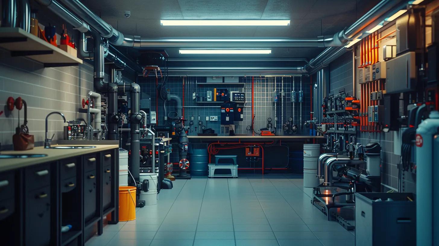 a modern, well-organized plumbing maintenance workshop showcases a neatly lined array of tools and equipment, illuminated by bright overhead lights, emphasizing the importance of routine inspections and repairs for maintaining plumbing efficiency in an urban setting. Reliable Plumbing Services in Orange County for All Needs