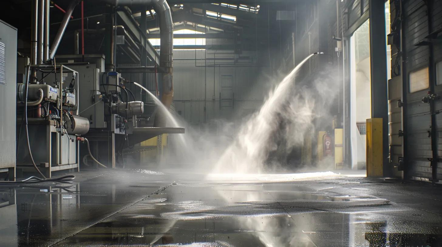a powerful hydro jetting machine is positioned in a modern urban plumbing workshop, with high-pressure water shooting out from a nozzle, creating a dynamic mist as it effectively blasts away stubborn grease and sludge from gleaming metal pipes. Emergency Plumbing and Hydro Jetting: Fast Fixes in Orange County
