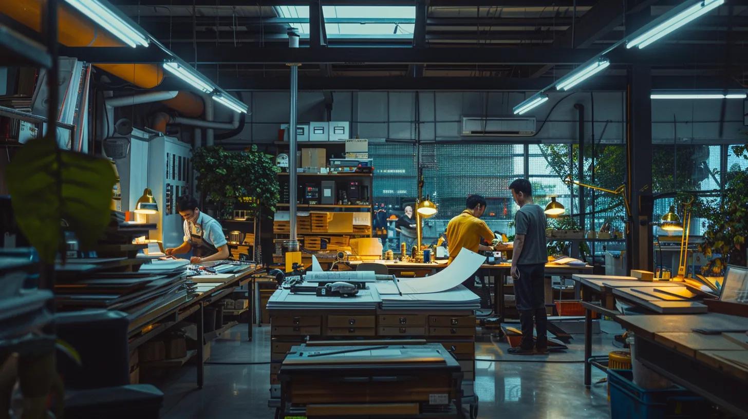 a sharply lit, modern plumbing workshop bustling with focused technicians reviewing plumbing blueprints and inspecting tools, projecting an atmosphere of professionalism, quality workmanship, and reliable service. Heating and Plumbing Services You Can Rely on in Anaheim