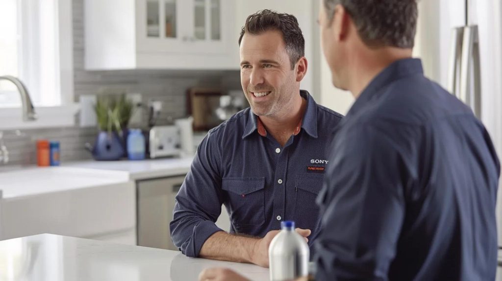 a confident, experienced plumber in uniform is attentively discussing a plumbing solution with a satisfied homeowner in a clean, modern kitchen, highlighting the team's commitment to exceptional customer care and expertise.