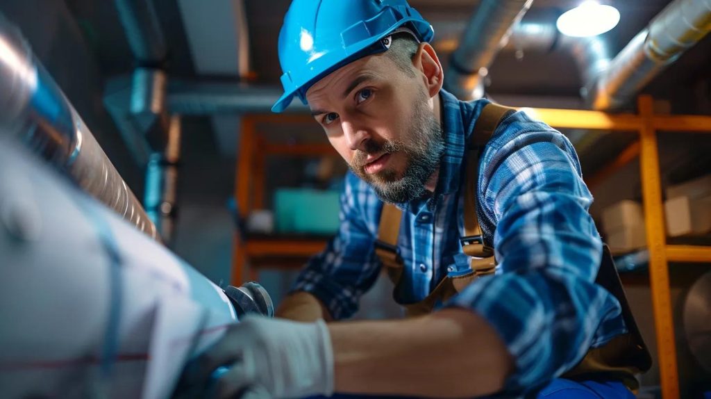 a focused shot of a modern plumbing technician in a well-equipped urban office, surrounded by blueprints and advanced tools, analyzing outdated pipes that showcase the urgent need for full repiping services to ensure water system integrity.