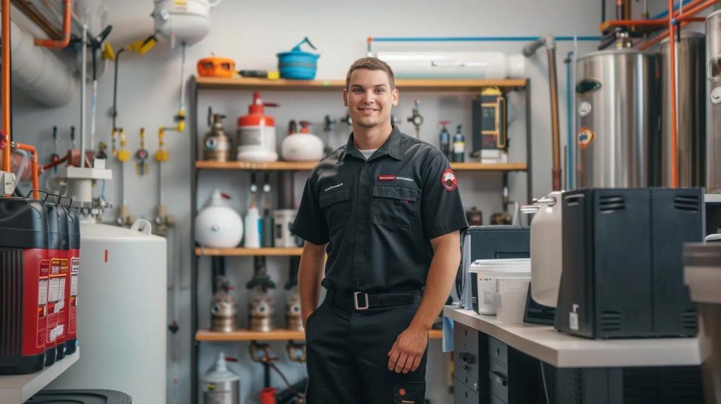 a modern plumbing service office in brea, ca, showcasing a confident plumber in a crisp uniform standing beside a well-organized workstation filled with tools and plumbing equipment, exuding professionalism and reliability.