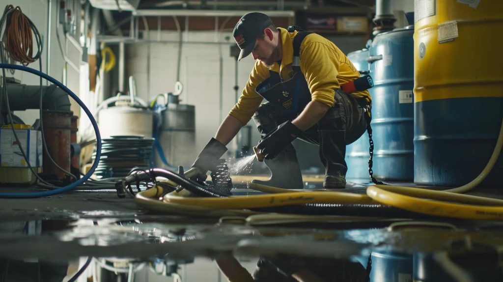 a professional technician in safety gear inspects high-pressure hydro jetting equipment against a clean, modern plumbing service backdrop in an urban fullerton workshop, highlighting the importance of expertise in effective drain cleaning.