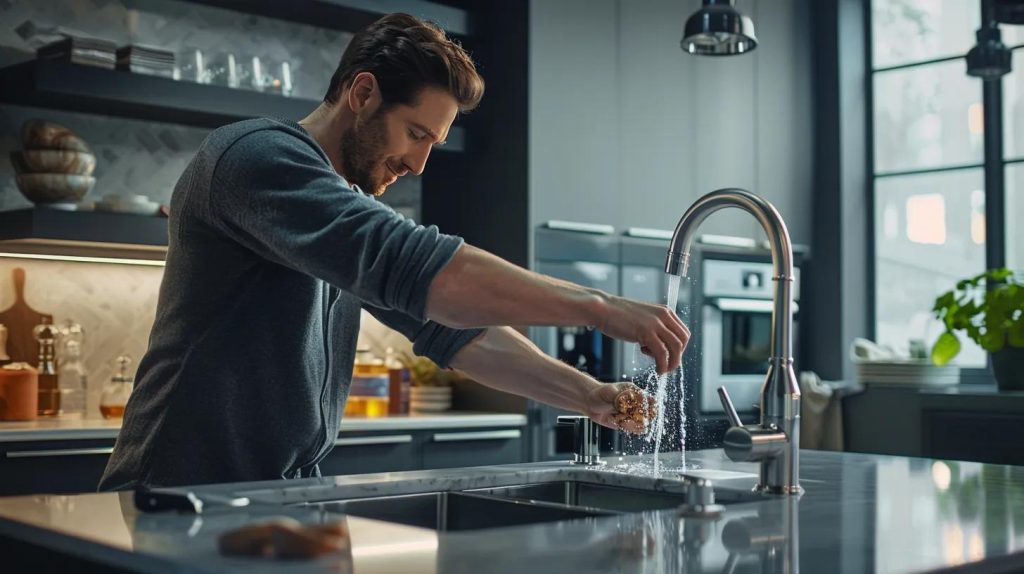 a sleek, modern home interior showcases a professional plumber expertly installing a water pressure regulator next to an elegant sink, highlighting the sophisticated craftsmanship and the promise of enhanced comfort and efficiency in daily routines.