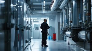 a sleek, modern plumbing workshop filled with advanced tools and equipment, showcasing a technician meticulously inspecting new pipes amidst a clean, organized environment that emphasizes efficiency and expertise.