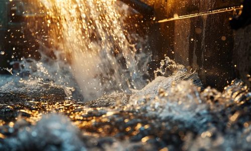 a dynamic close-up shot of a high-pressure hydro jetting machine in an urban plumbing setting, powerfully ejecting a stream of water into a residential drain, surrounded by visibly cleared debris and buildup.